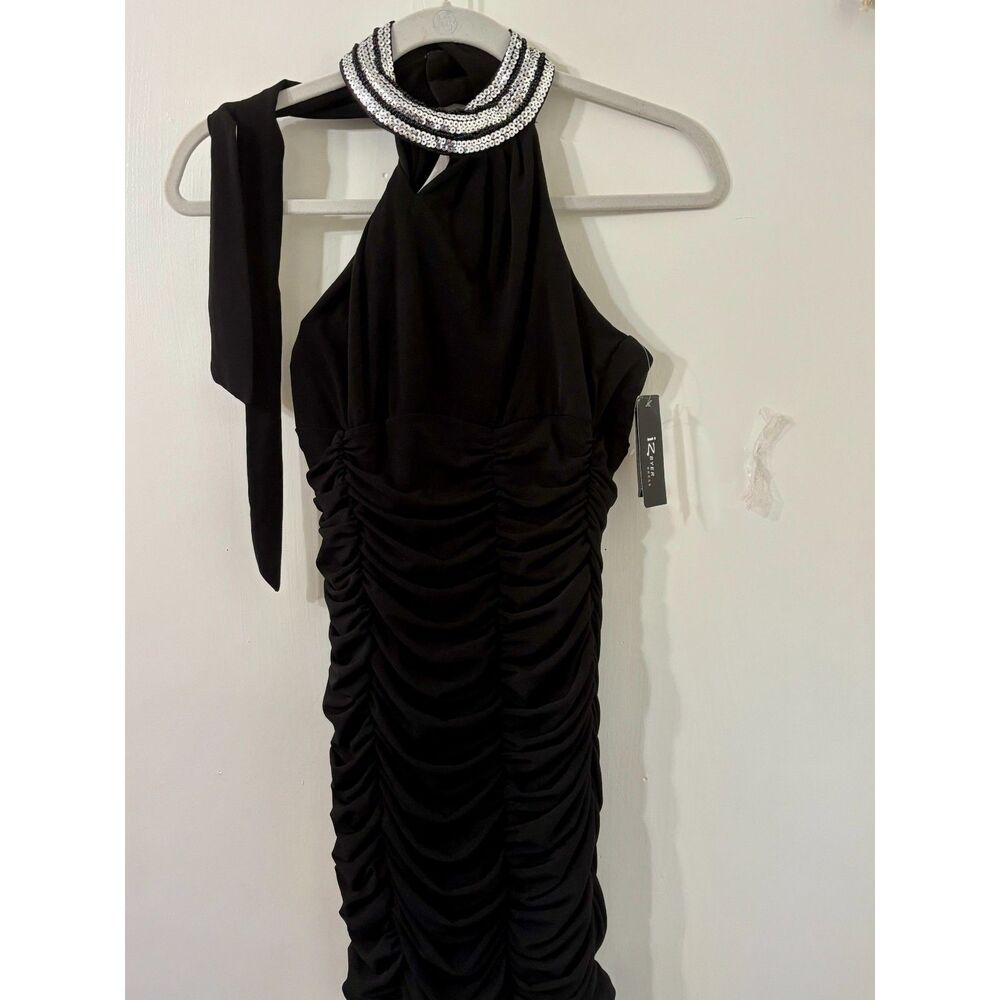 iz BYER NWT Medium Black Bodycon Ruched Gen Y Spangled Halter Mini Two Way Tie